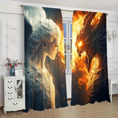 2 Panels Angels Vs. Devils Pattern Window Curtains    Versatile Design Suitable for Any Style   Creating a Peaceful Living Space
