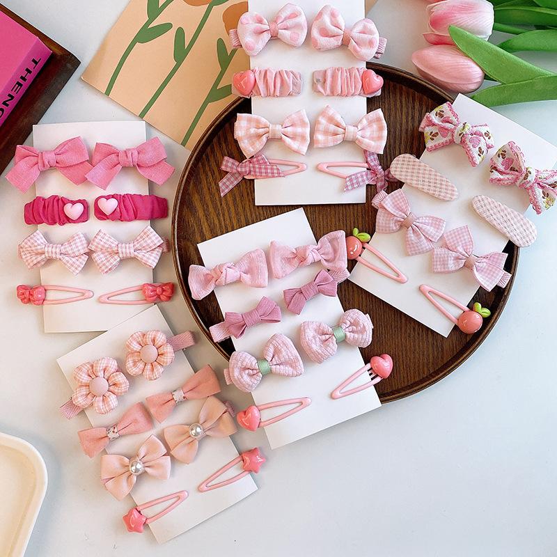 8PC New Cute Pink Color Basic Snap Clips Baby Plaid Bowknot Hair Drop Clips Lace Hairpins Kid Girls Flower Hairpins BB Barrettes