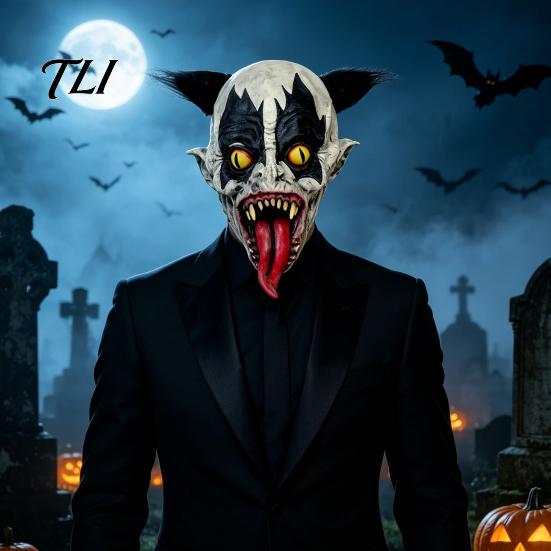 Adults Spooky Role Play Mask Halloween Horror Clown with Long Tongue, Latex Scary Haunted House Decoration Creepy Costume Prop for Cosplay Parties,
