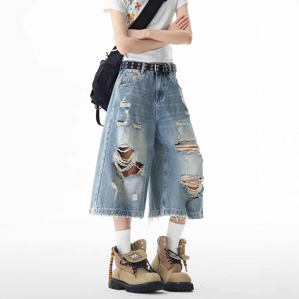 American Washed Ripped Denim Cropped Pants Men's and Women's Summer Vintage Design Couple Wide-leg Over-knee Pants