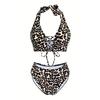 Dámská bikiny sada s výstřihem do V bez rukávů s leopardím potiskem Sexy push-up dvoudílná sada Plavky se zvířecím potiskem