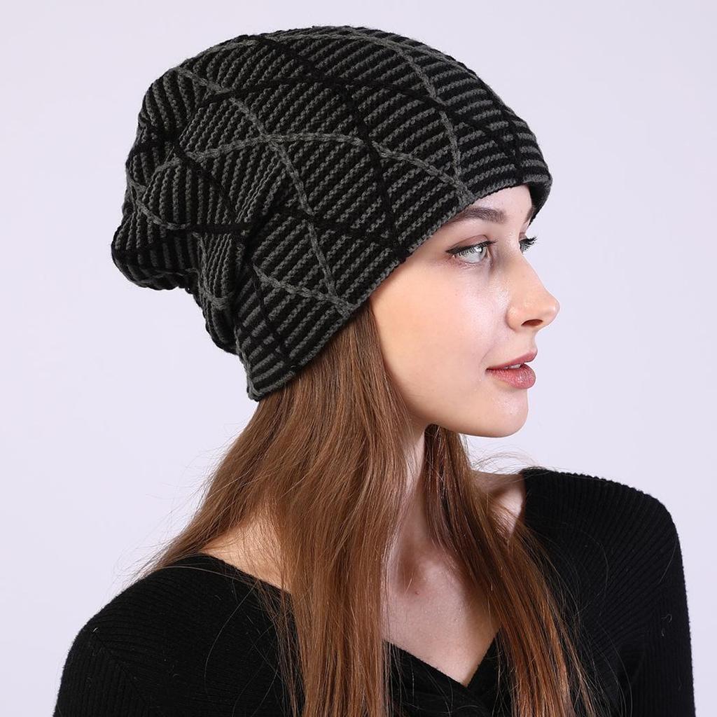 Autumn and Winter Warm Knitted Ear Protection Pile Up Hats Diamond Grid Mixed Color Pullover Caps Women's Fleece - Lined Hats