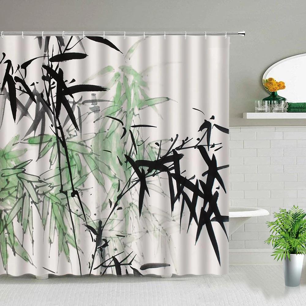 Bamboo Ink Painting Bathroom Shower Curtains Polyester Fabric Bath Screens Bathtub Decor Waterproof Hanging Curtain With Hooks