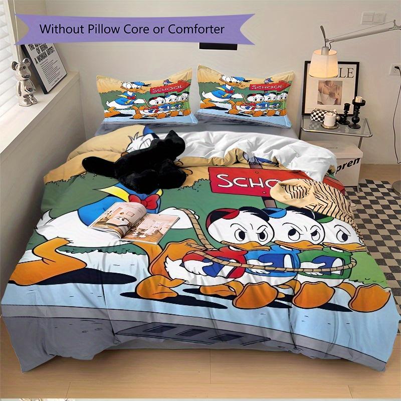 3pcs Cartoon Donald Duck Family Adventure Bedding Set, Including 1 Quilt Cover and 2 Pillow Shams, Without Filling, Soft and Comfortable Home Bed