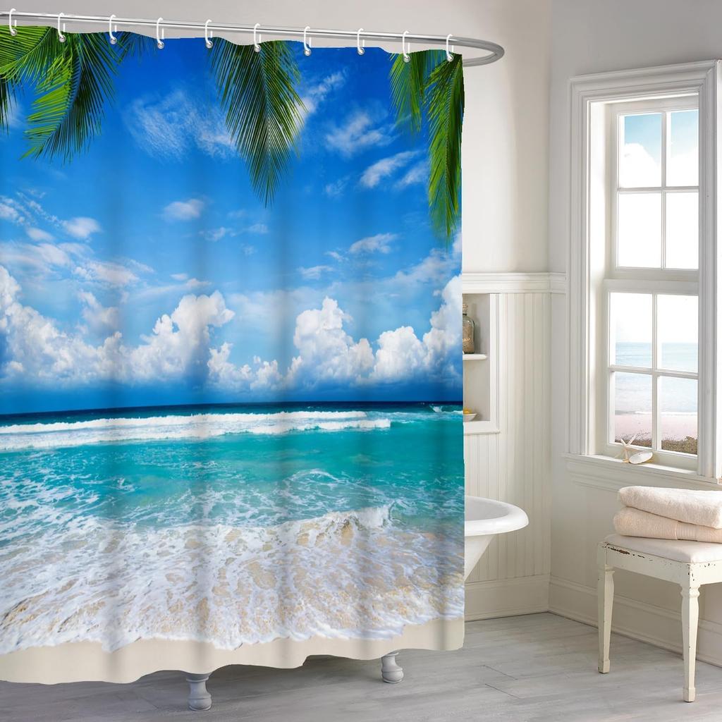 Sommer Blauer Himmel Tropischer Ozean Strand Duschvorhang, Wasserdichter Polyester Badezimmer Dekor Vorhang 72x72 Zoll Mit 12 Haken
