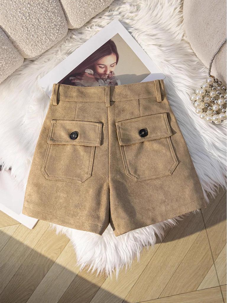 Women's 2025 Retro Suede Wide-Leg Shorts - Casual Winter Bootcut with Large Pockets