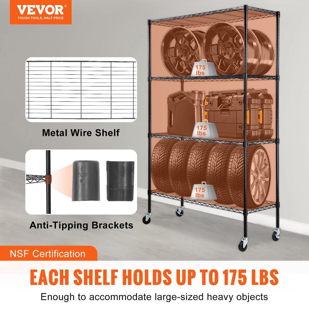 Storage Shelving Unit with Wheels, 4-Tier Adjustable, 700 lbs Capacity, Heavy Duty Garage Shelves Metal Organizer Wire Rack, Black, 47.2" L x 17.7" W