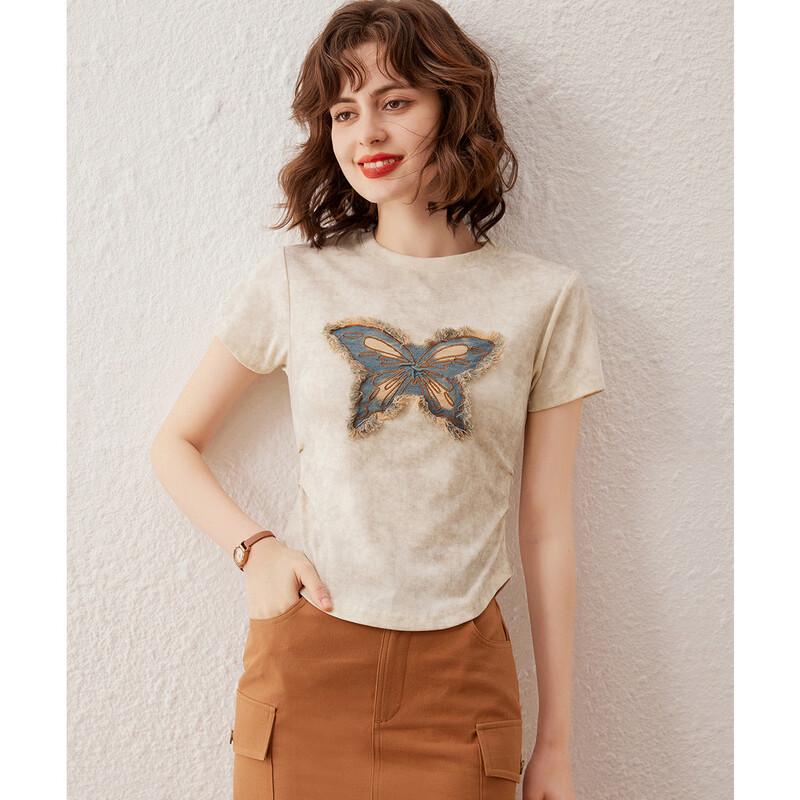 Women s Round Neck Embroidered Short Sleeve T-Shirt S