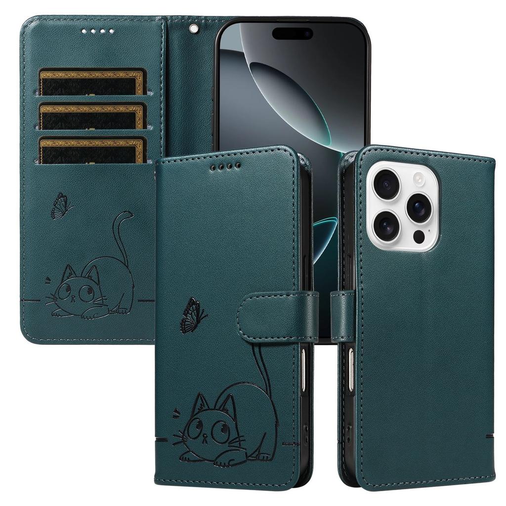 Leather Wallet Flip Case For OPPO A57S A77 A15 A15S A16 A16S A54S A17 A96 4G 5G Cat and Butterfly Embossed,Wrist Strap