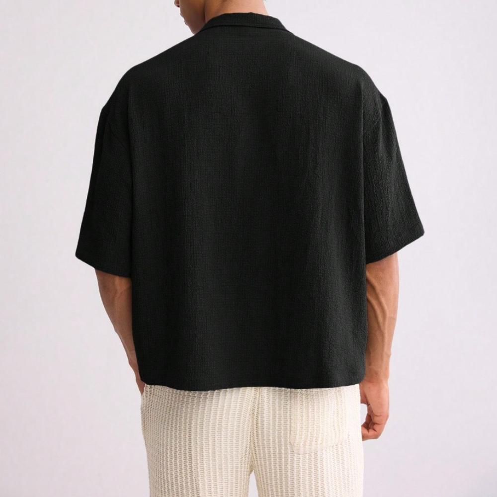 Men's Solid Color Loose Pleated Style Trendy Short Sleeved Lapel Shirt