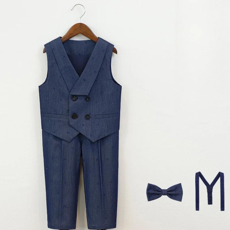 

Модный комплект костюмов для мальчиков 2025 года, элегантный синий жилет с цветочным принтом для детей, комбинезоны, наряды для детей, выступлений на пианино, специальный костюм 110cm