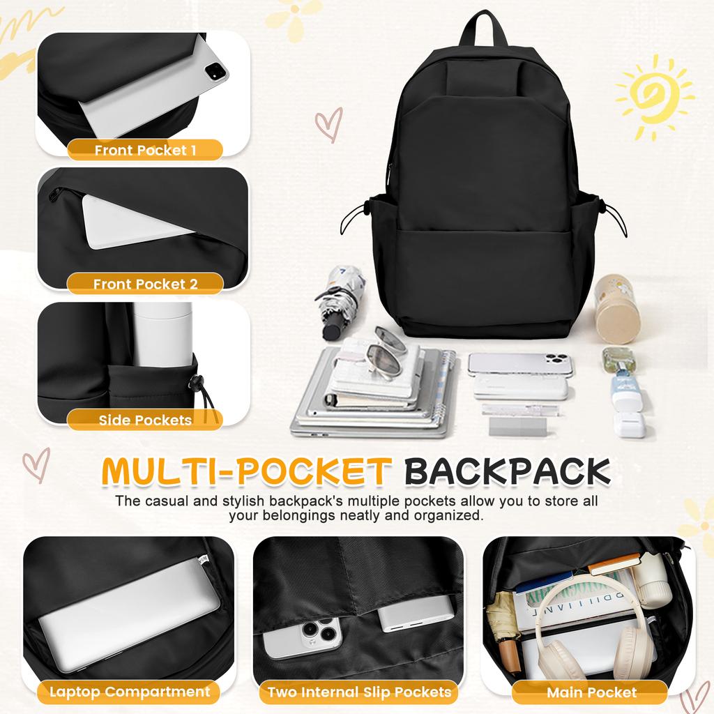 School Backpack Black Waterproof Bookbag Casual Lightweight Laptop Travel Rucksack Daypack School Bags for Boys Girls Teens