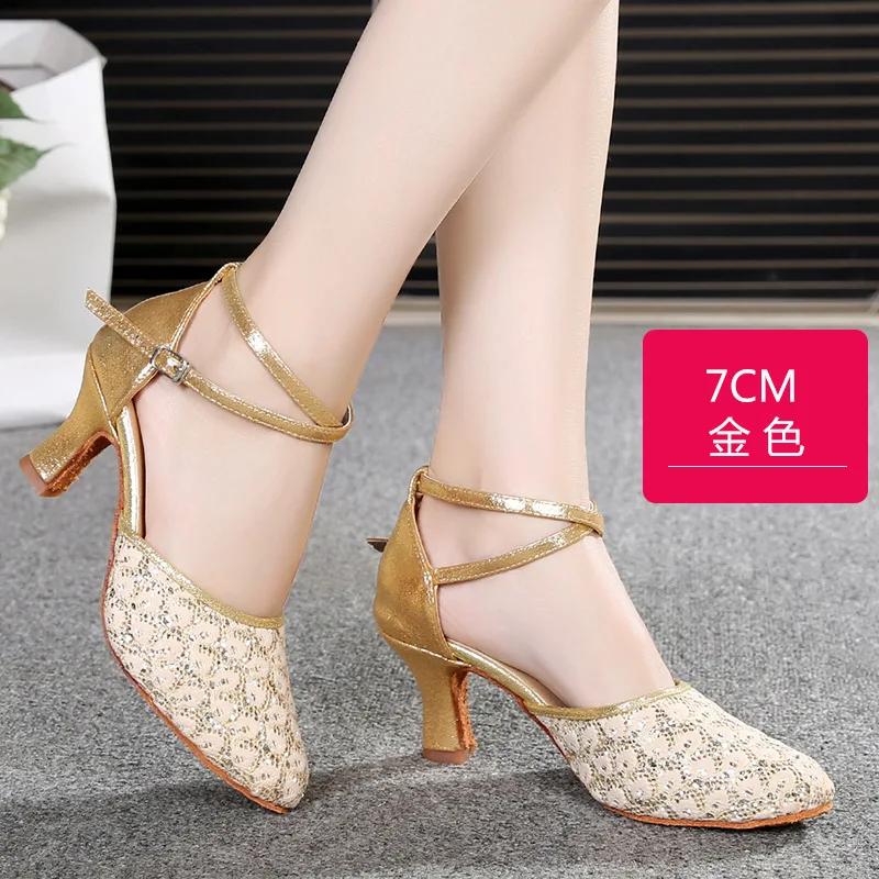 Módní moderní taneční boty pro ženy, boty na latinskoamerické tance se třpytivým síťovaným svrškem se sekviny, měkkou semišovou podrážkou a vysokými podpatky, černé boty