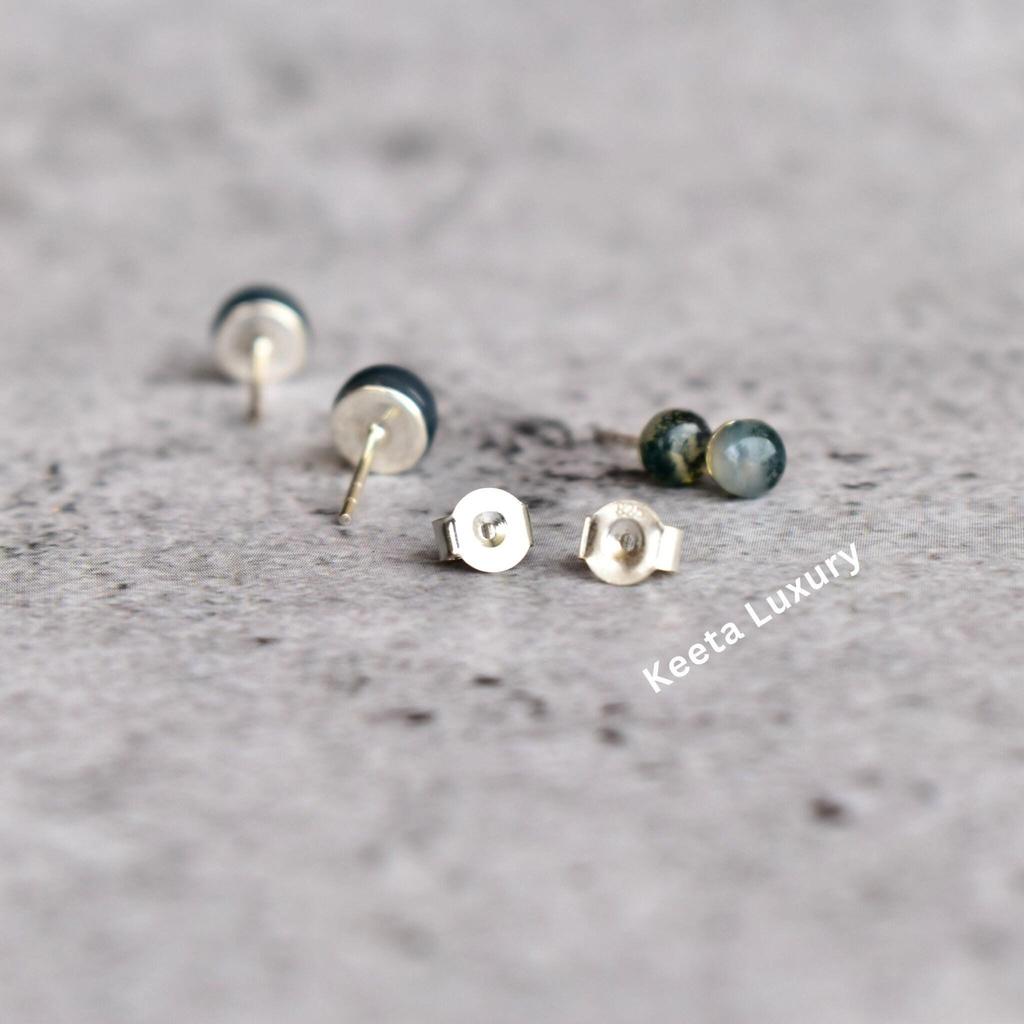 Genuine Green Moss Agate Suds, Round Moss Agate Studs, Moss Agate Studs for Women, Sterling Silver Studs , Gift for Her , Gift for Mom