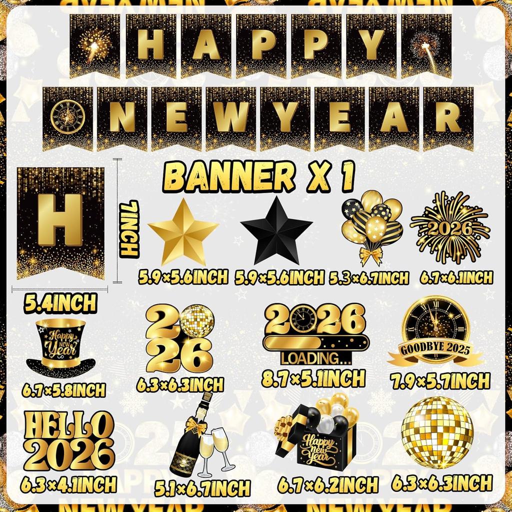 Happy New Year Decorations 2026, Black Gold Happy New Year Banner and New Years Hanging Swirls,New Years Eve Party Supplies Hanging Decoration for