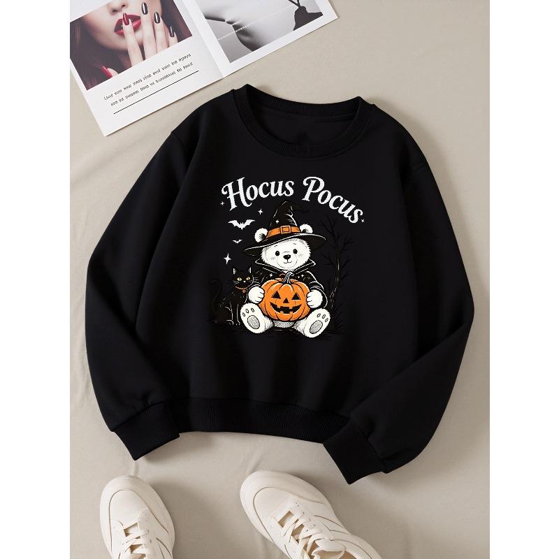 European Sizes Girls' Long-Sleeve Crewneck Sweatshirt "Hocus Pocus Bear" Printed Top, Casual for Celebrations & Everyday Wear
