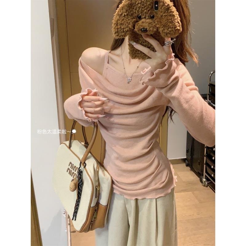 

Autumn Winter Fake Two Pieces Solid Color Bottomed Sweater Women Long Sleeve Solid Color Knitting Pullover Top S розовый
