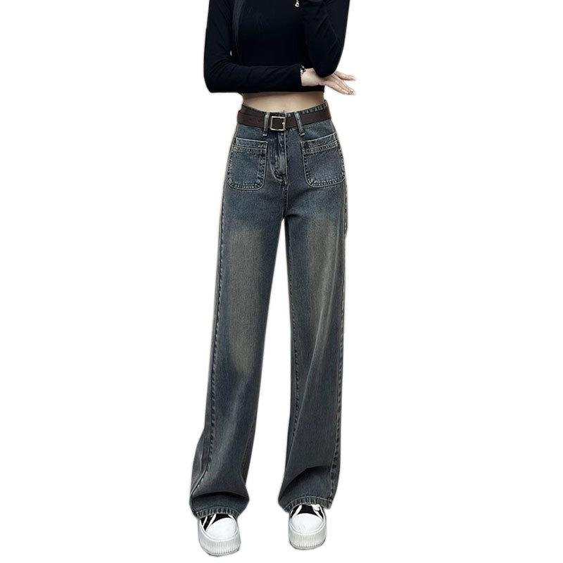 Wide Leg Jeans for Women in Spring and Autumn Loose High Waisted Pocket Design Straight Leg Jeans