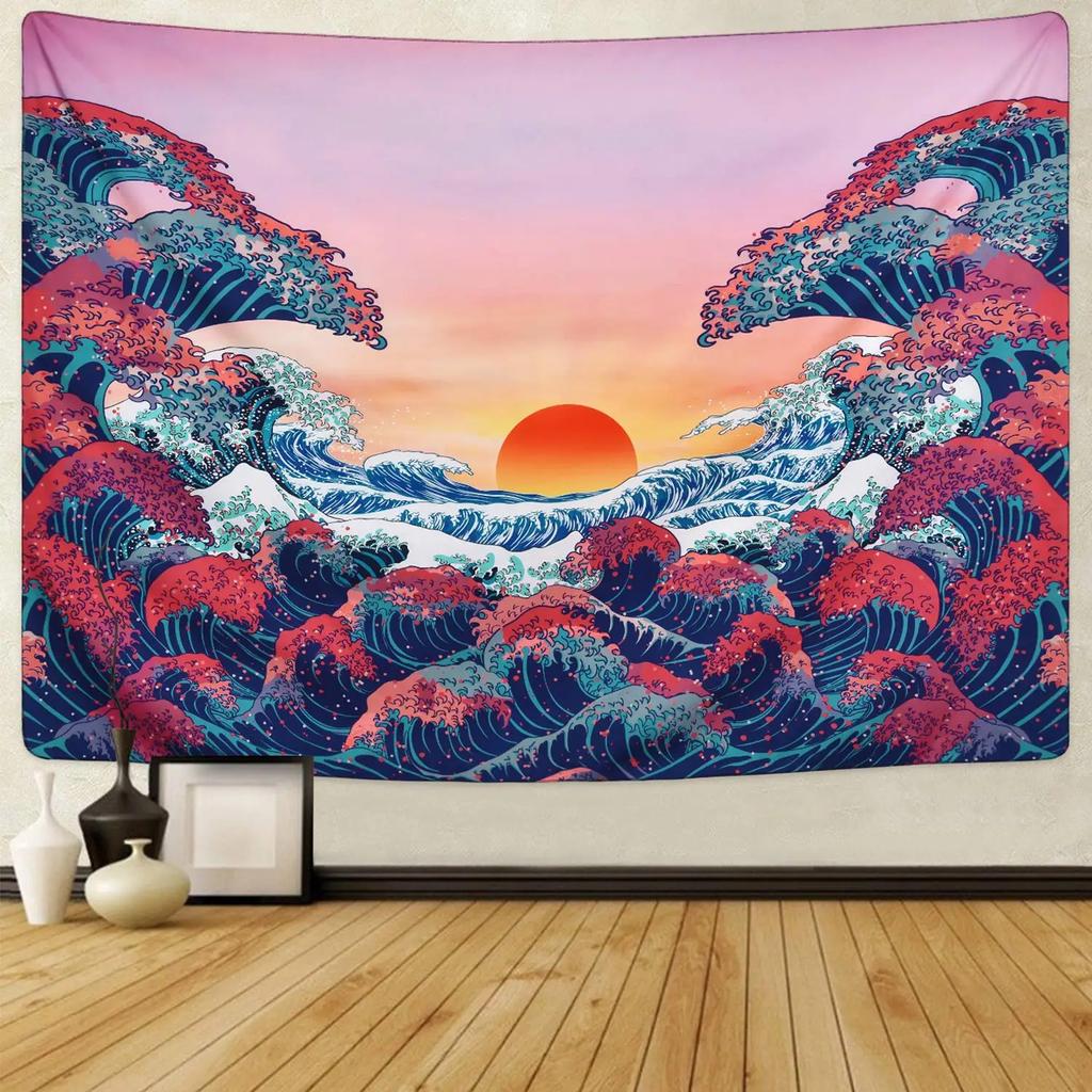 Große Meereswelle Wandteppich Asiatischer Anime Berg Rote Sonne Kirschblüte Wandteppich Zuhause Wohnzimmer Schlafzimmer Wand Moderne Kunst Wandteppiche