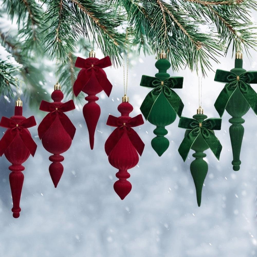 4 PCS/SET Irregular Cone Pendant Christmas Ornament Unique Flocking Hanging Xmas Tree Hanging Ornaments with Bow
