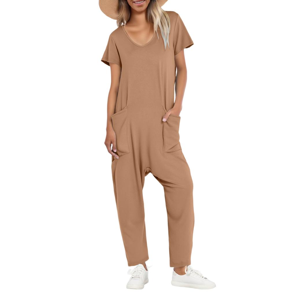 Women's Casual Short Sleeve High Waist Pockets V Neck Loose Jumpsuits Long Pants Wide Rompers