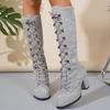 Mode Winter Damen Stiefel Schuhe Mode Vintage Schnürstiefel Damen Rund Cowboy Hohe Absätze Stiefeletten Schuhe Frau Botas Mujer