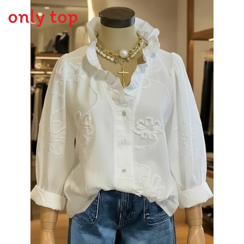 Basic Cotton Linen Blouse With Vneck And Puff Sleeves For Casual Women