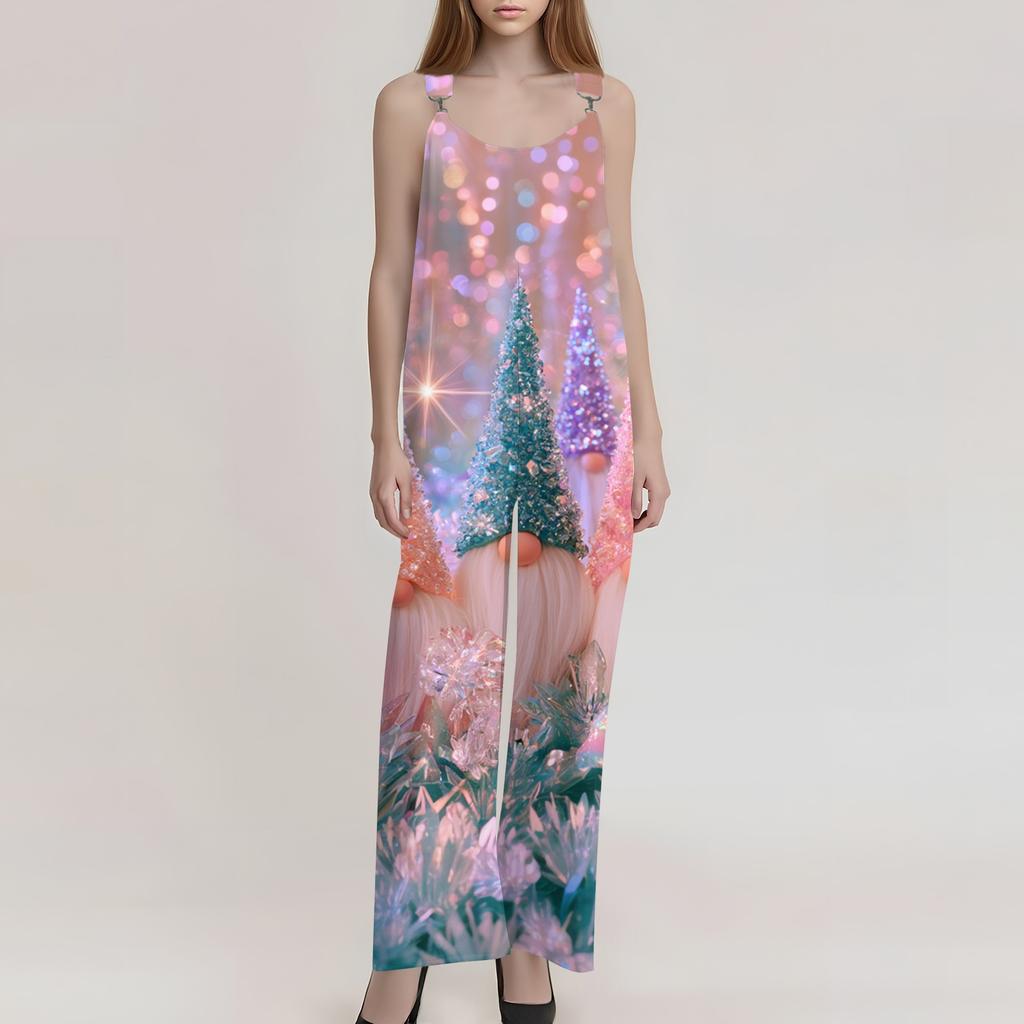 Damen Retro Sommer Overall Jumpsuit mit Weihnachtsdruck und nicht verstellbaren Trägern für den lässigen Alltag