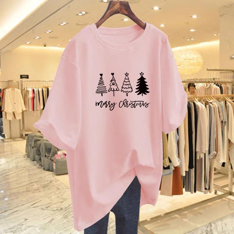 100% pure cotton new round neck medium and long short-sleeved versatile casual large size thin letter printing loose T-shirt women