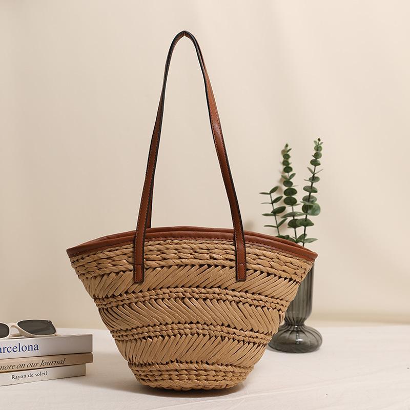 Large Capacity Straw Woven Shoulder Bag for Women Summer Beach Vacati Versatile Tote Bag City Simple Style Polyester Lining