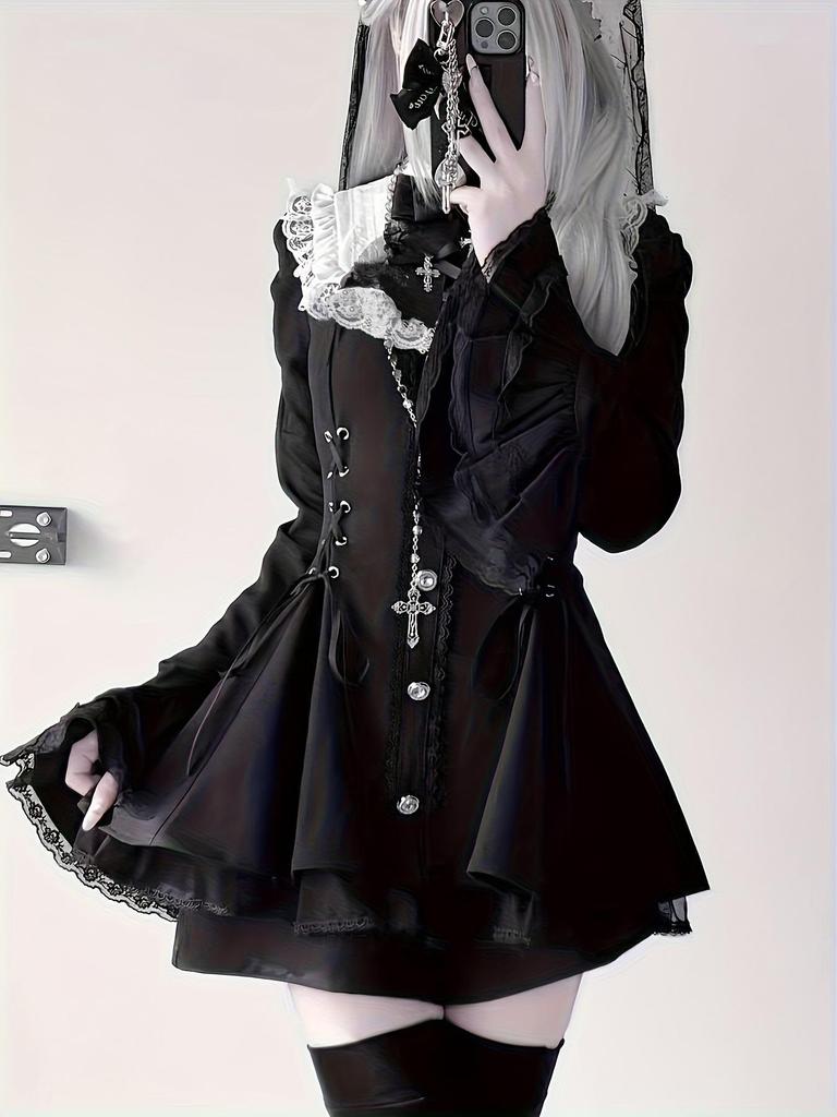 European Size Lolita Flare Sleeve Waist-Cinching Dress Set for Women
