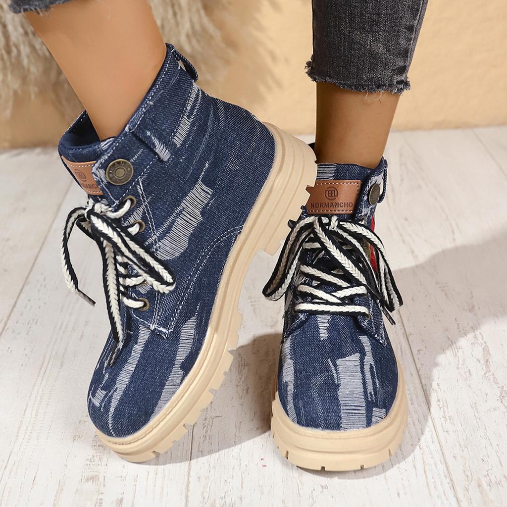 Denim platform Martin boots 2025 winter color matching British style women 2025 printing tooling boots