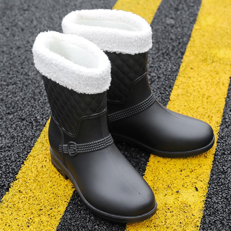Medium Tube Rain Shoes Women's Rubber Shoes Wear Non-slip Water Boots Water Shoes Velvet Kitchen Work Outdoor Short Rain Boots