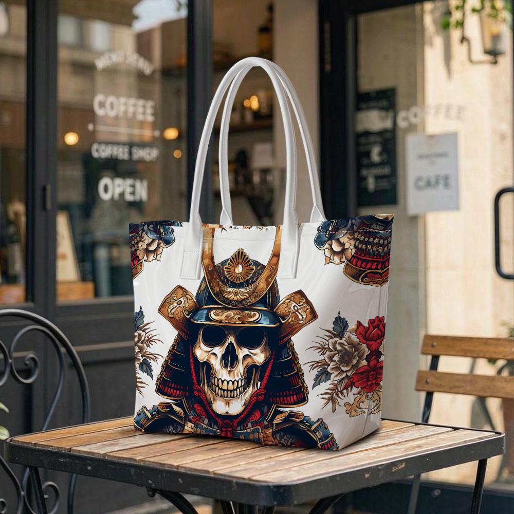 Japanese Samurai Skull Print Tote Bag Casual Large Capacity Portable Shoulder Handbag
