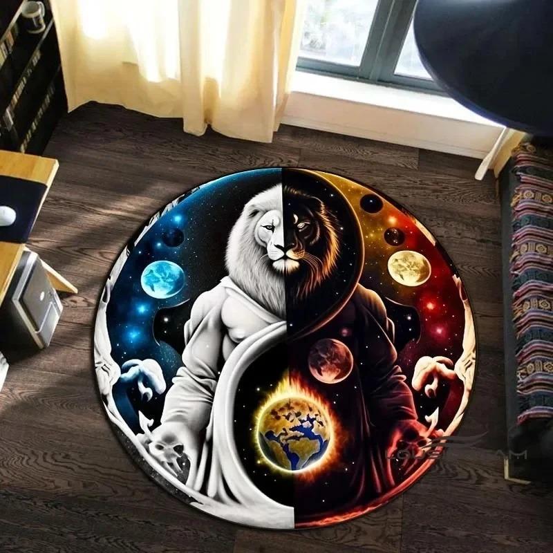 Animal Art Style Round Carpet 3D Printed Coiling Dragon Crouching Tiger Lion Pattern Children's Study Room Floor Mat
