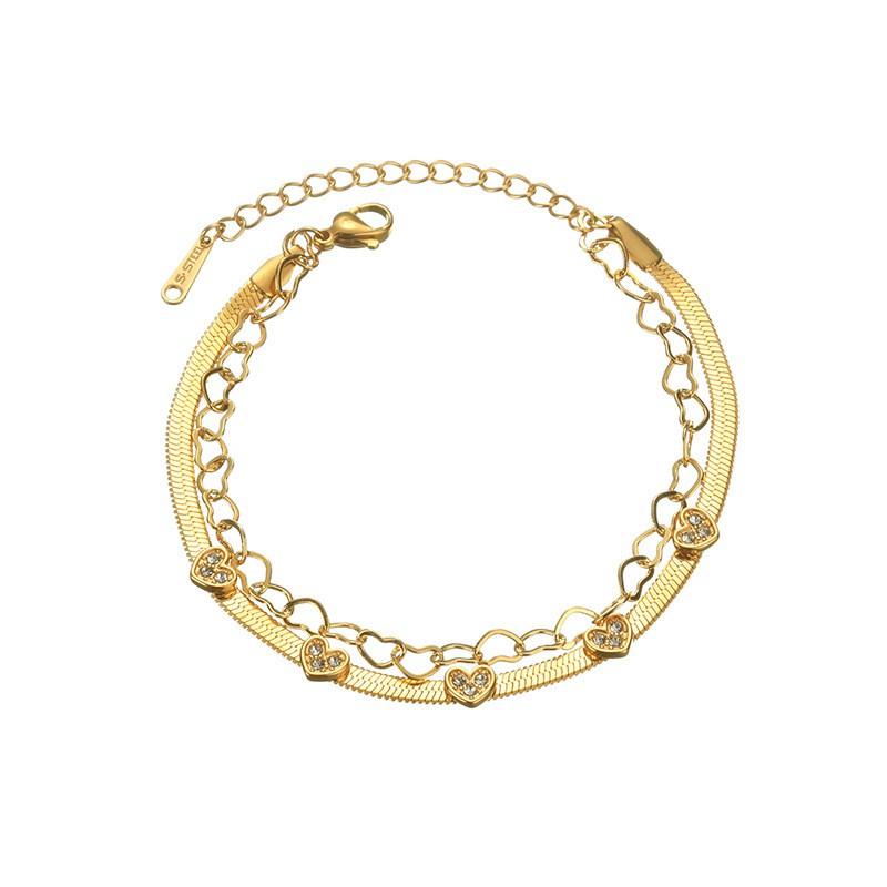 Double Layer Titanium Steel Gold Plated Heart Butterfly CZ Crystal Bracelet Women Fashion Chain Jewelry