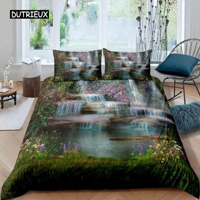 3D Wasserfall Bettbezug Set King Size Mikrofaser Botanisch Floral Bäume Muster Bettwäsche Set Lila Traum Thema Bettdeckenbezug
