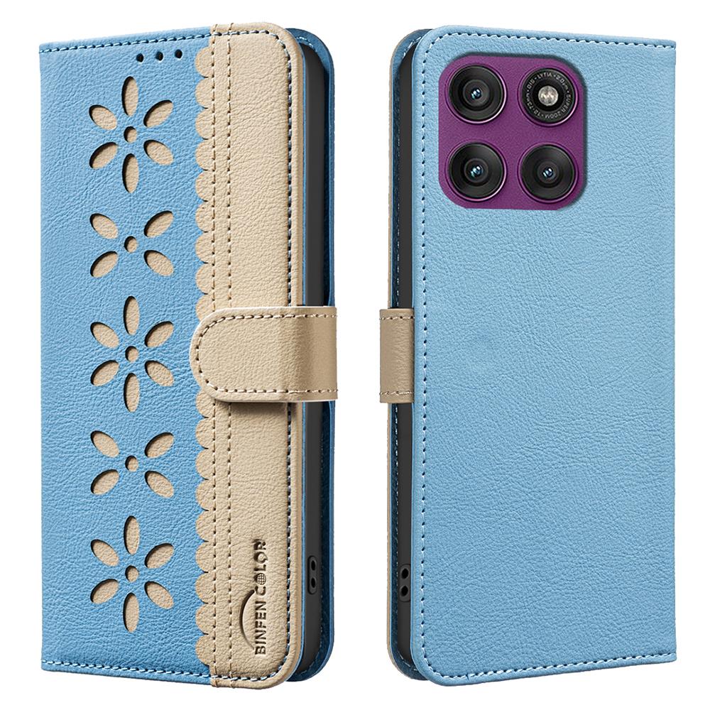

For Motorola Edge 60 Pro 5G Leather Case BINFEN COLOR BF36 Floral Pattern Phone Cover RFID Blocking Wallet Stand Baby Blue