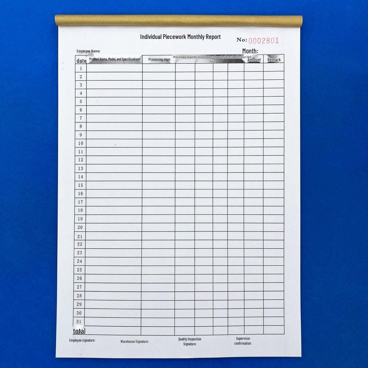Individual Piecework Monthly Report & Payroll Form