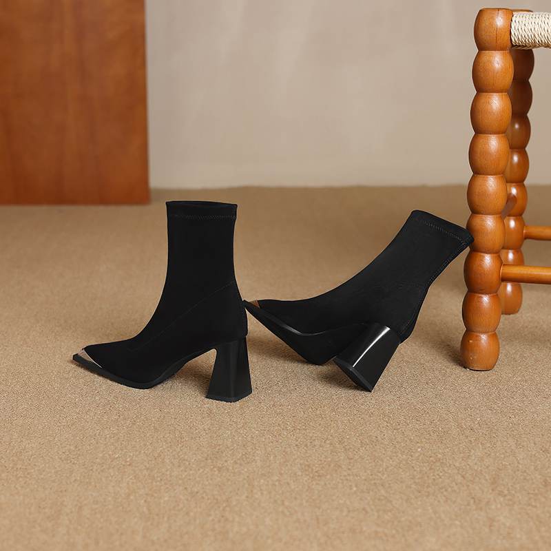 Krazing Pot Flock Autumn Winter Shoes Metal Decoration Thick High Heels Big Size 40 Modern Boots Square Toe Keep Warm Slip On Ankle Boots