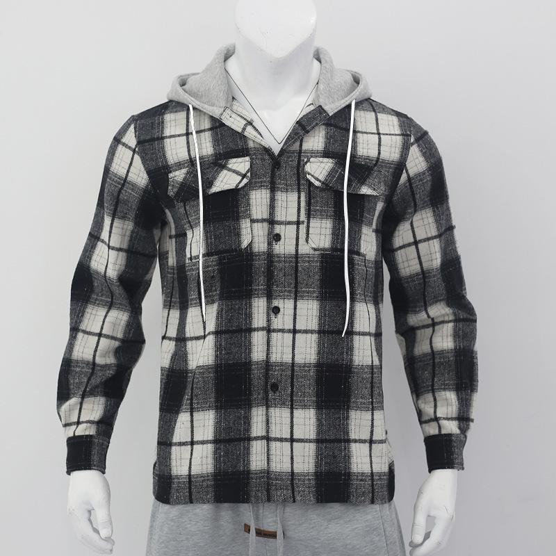 Autumn New Arrival: Loose-Fit Casual Jacquard Men's Long-Sleeved Hooded Check Shirt