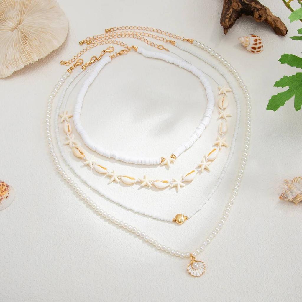 IngeSight.Z 4Pcs/Set Summer Ocean Bohemian Necklace Trend Imitation Pearl Polymer Clay Scallop Starfish Pendant Necklace Jewelry