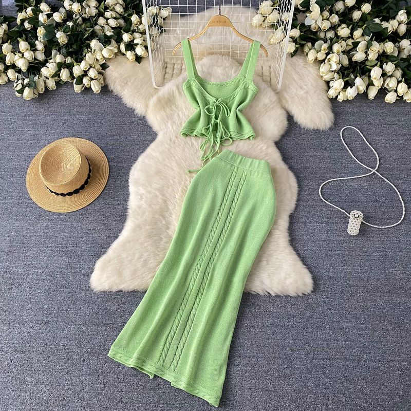 

Women s Holiday Wear Summer Knitted Two-Piece Hollow out Strap Stylish Sling Tops High Waist Long Skirt Green One size
