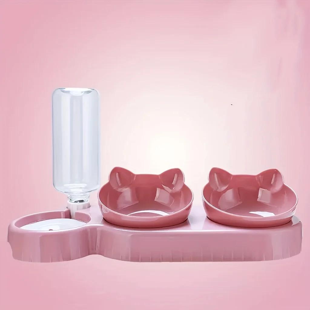 

1PCS Pet Bowl with Water Feeder, 3-in-1 Ear Design Tilting Cat Water and Food Bowl with Gravity Water Bottle for Neck Protection M