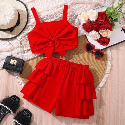 Girls Fashion Set Summer Kids Sweet Bow Halter Cake Skirt Shorts Two-piece Set