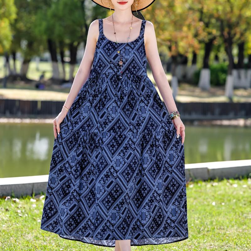 Elegant Sling Dress for Women Plus Size Casual Summer Long Dress Vintage Middle-aged Women's Clothing