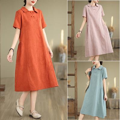 Sommerlich Künstlerisches Lockeres Jacquard Hanf Kragen Kurzarmkleid Damen Mittel Lang
