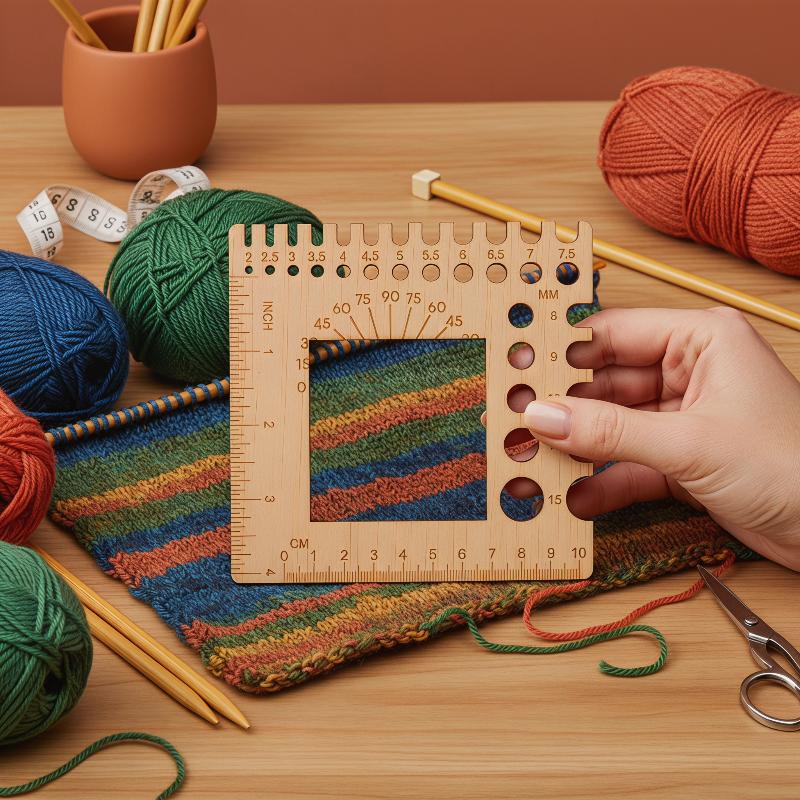 Functional Wooden Sock Ruler with Crochet Hook Gauge Essential for Accurate Knitting Measurements