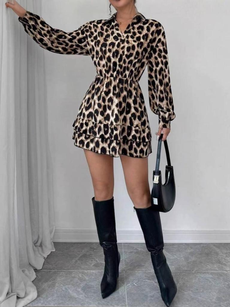 Autumn New Leopard Print V-Neck Long Sleeve Sexy Dress