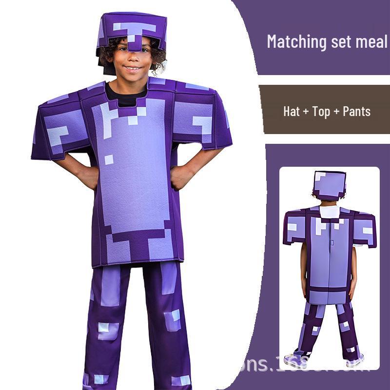 Halloweenský modro-zelený kostým Minecraft Steve pro děti, jevištní herní vystoupení